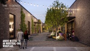 Architectural rendering of the revitalized Rosebery Engine Yards, showcasing the blend of historic industrial features with modern retail and dining spaces.